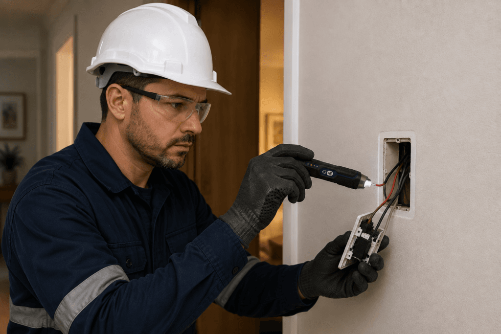 Eletricista usando detector de tensão em interruptor de luz