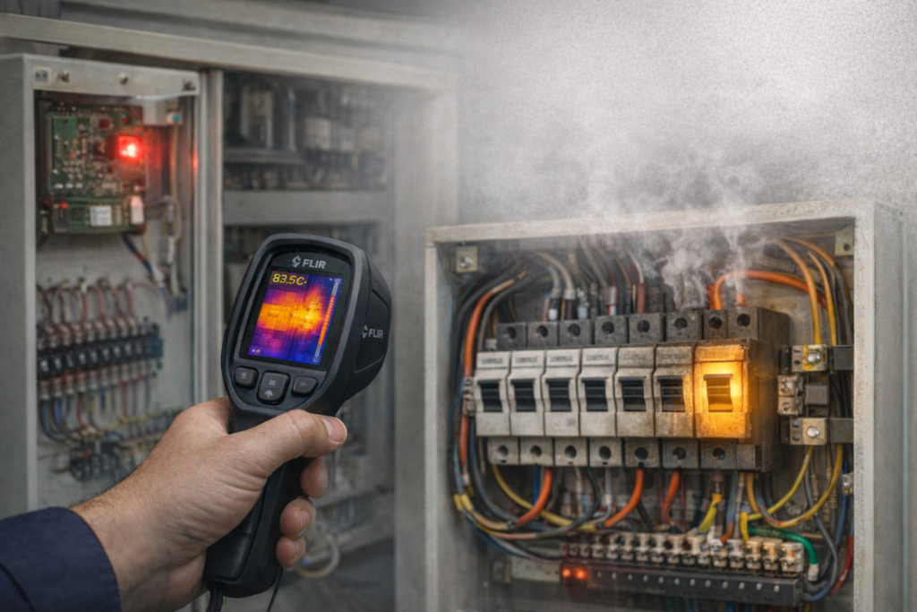 Inspeção térmica mostrando aquecimento em disjuntor no quadro de energia residencial