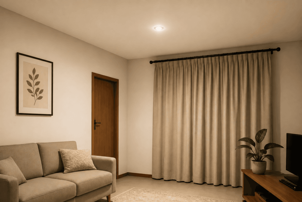Lâmpada LED acesa em sala residencial