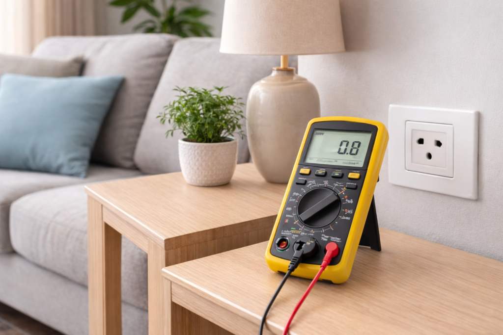 Multímetro digital próximo à tomada residencial para verificação de tensão elétrica
