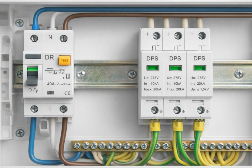 painel de distribuição elétrica com DR e DPS instalados
