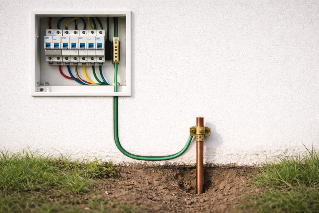 Aterramento residencial com fio terra ligado à haste de cobre no solo