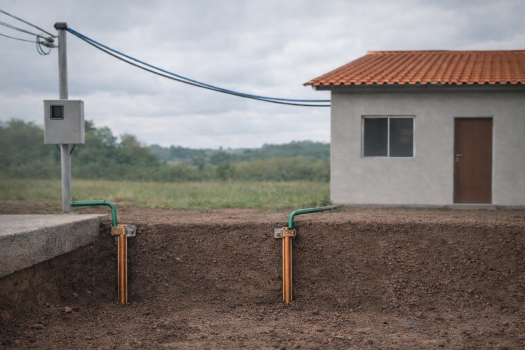 Sistema de aterramento residencial com hastes de cobre e fio terra