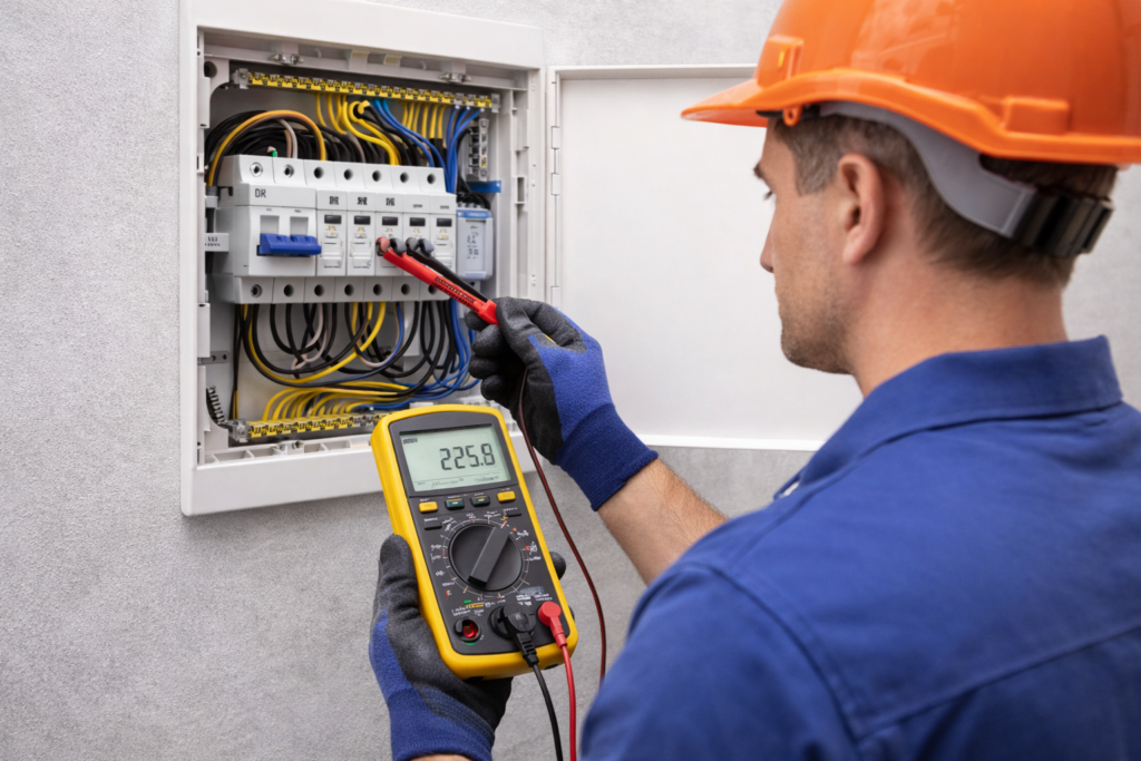 Eletricista verificando quadro de energia residencial com multímetro