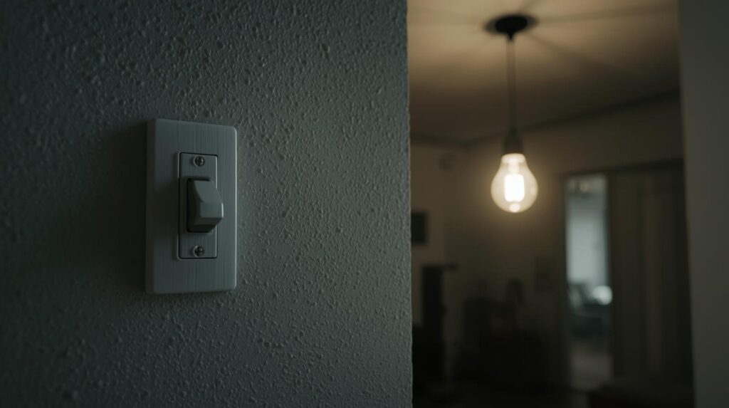 Interruptor de luz residencial com lâmpada acesa ao fundo
