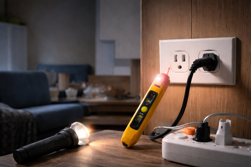 eletricista testando tomada sem energia com detector de tensão
