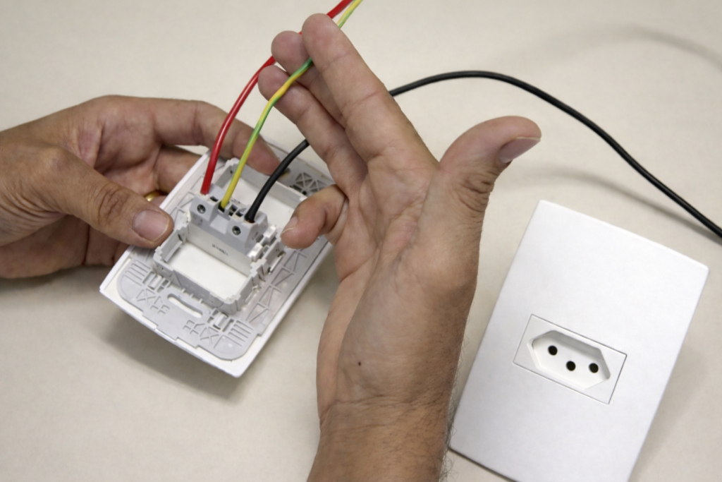 Tomada residencial com fio fase e neutro conectados e fio terra desconectado

