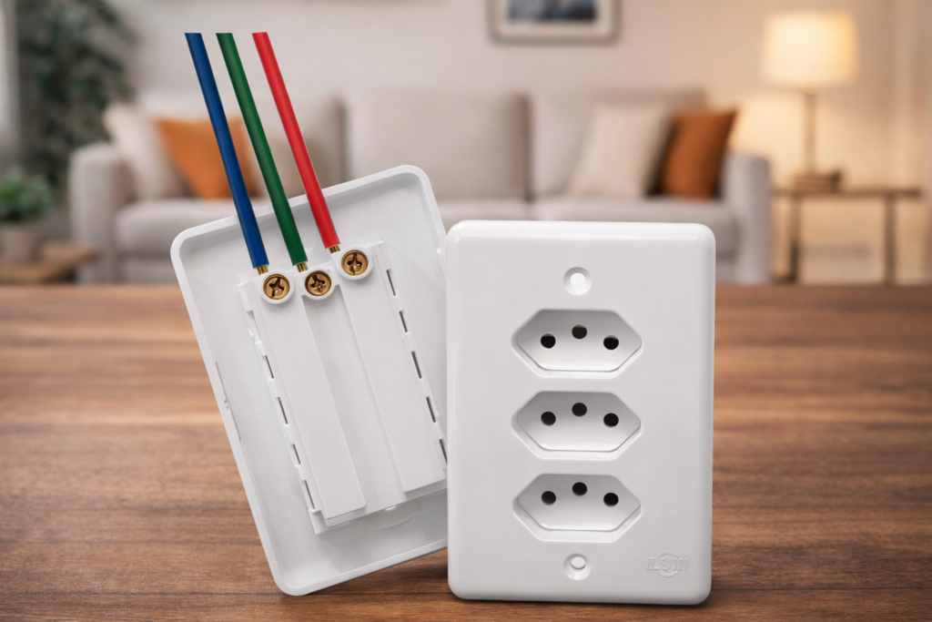 Tomada padrão brasileiro com fio terra, fase e neutro conectados
