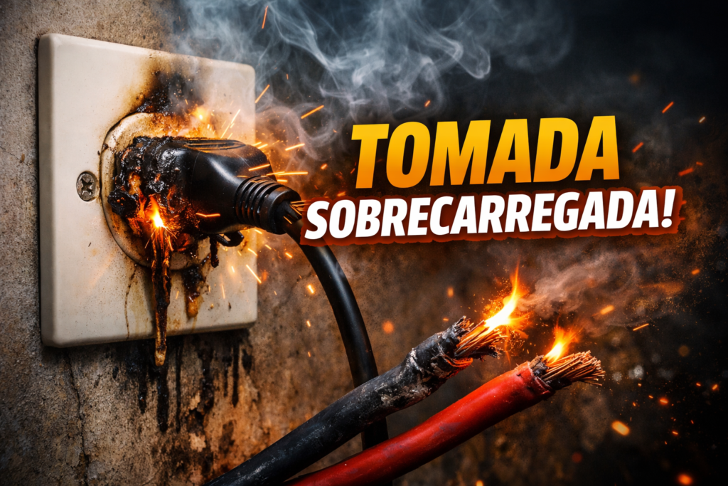 tomada sobrecarregada esquentando com vários aparelhos ligados
