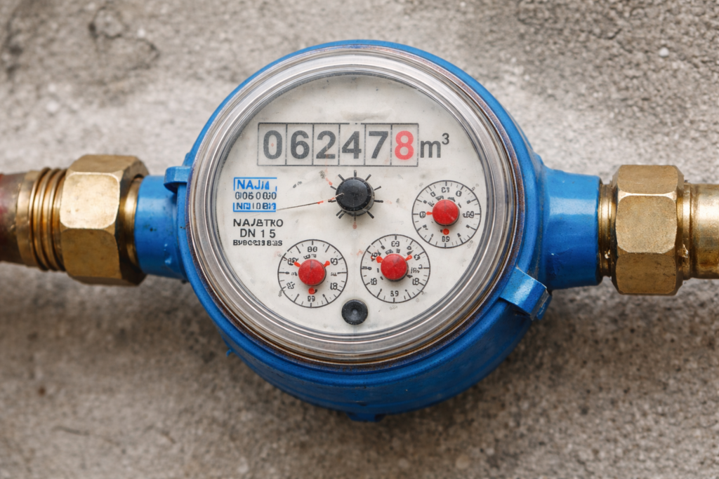 Hidrômetro de água indicando consumo contínuo
