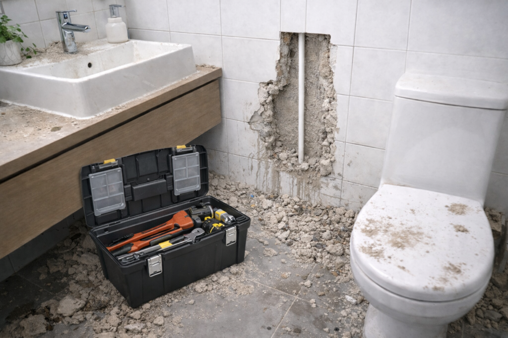 vazamento na parede do banheiro com tubulação exposta
