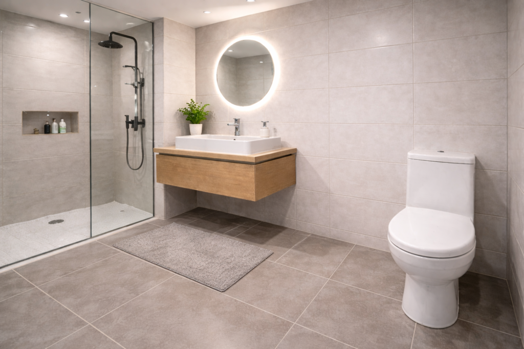 banheiro com paredes revestidas onde vazamentos podem ficar ocultos