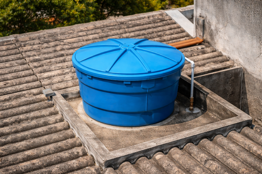 Caixa d’água residencial instalada no telhado