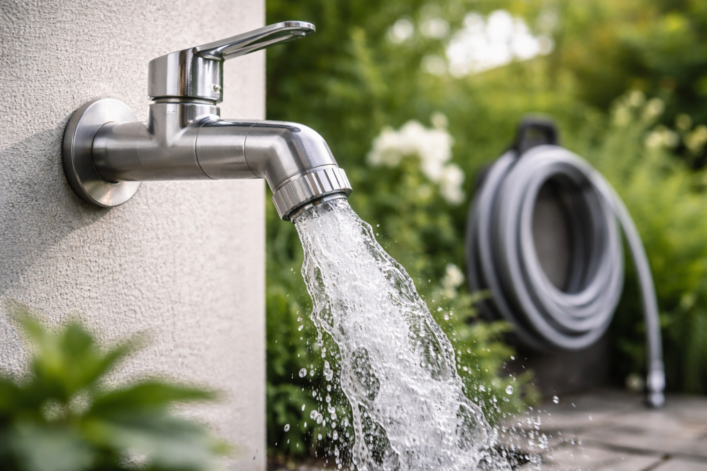 Água saindo de torneira externa com fluxo irregular