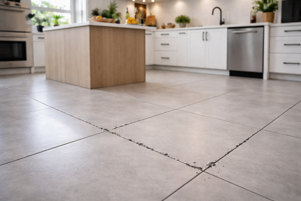 rejunte soltando entre os pisos em cozinha residencial