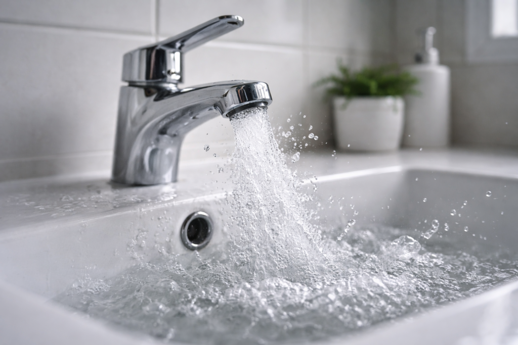 Ar saindo da torneira junto com a água em pia de banheiro