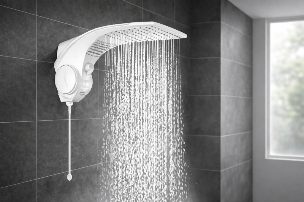 chuveiro elétrico com jato forte de água no banheiro