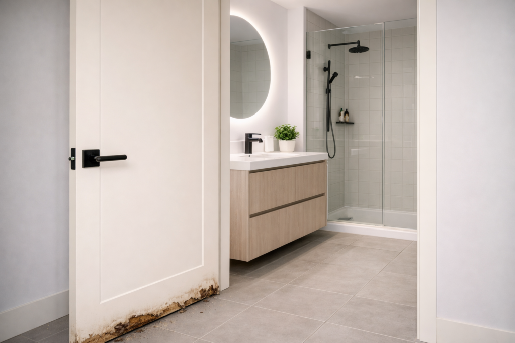 porta estufando na parte de baixo por umidade no banheiro