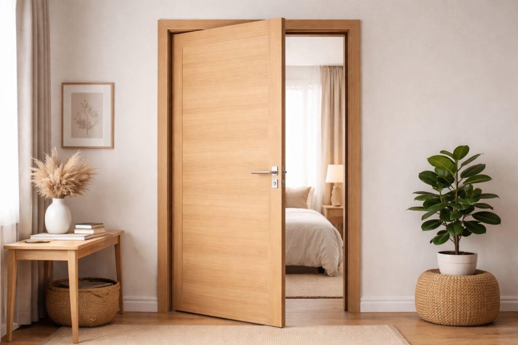 porta de madeira abrindo com dobradiça em ambiente interno