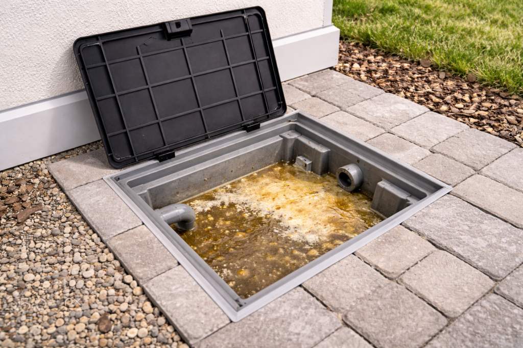 caixa de gordura cheia com resíduos