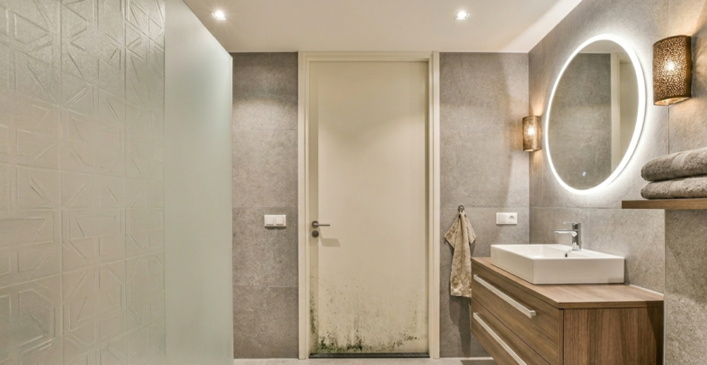 porta de banheiro com sinais de umidade na parte inferior