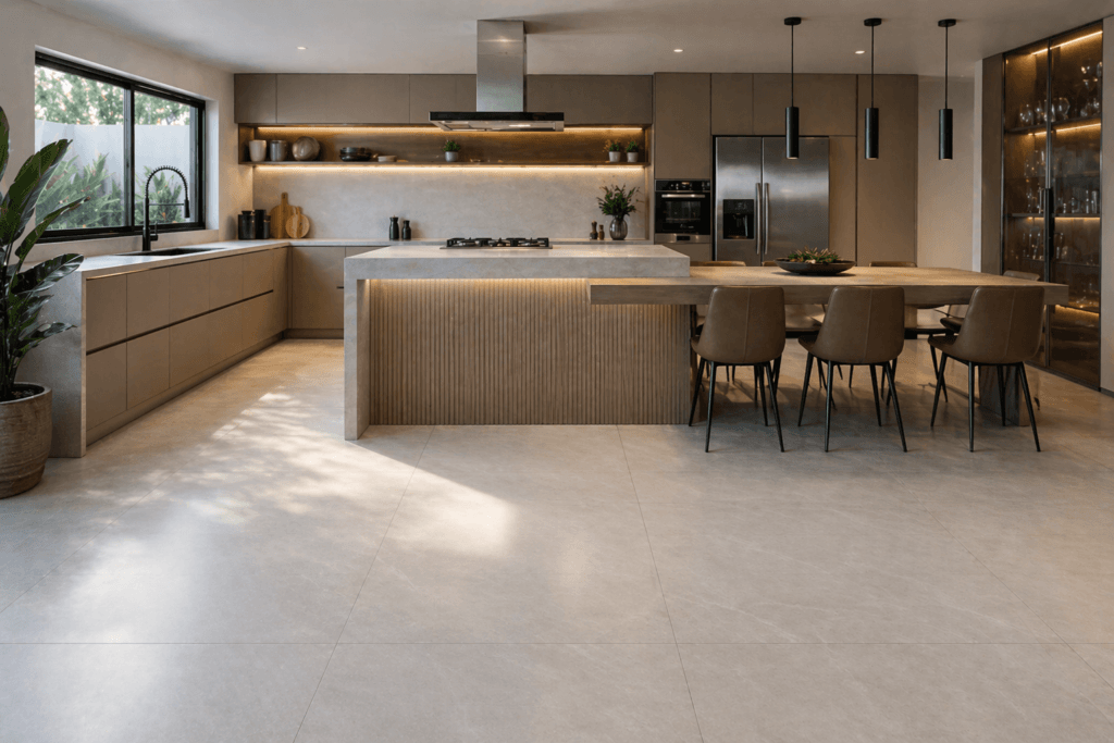 piso porcelanato resistente para cozinha moderna