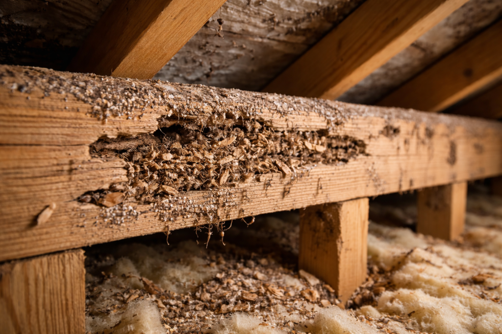Madeira de telhado com infestação de cupins e resíduos visíveis