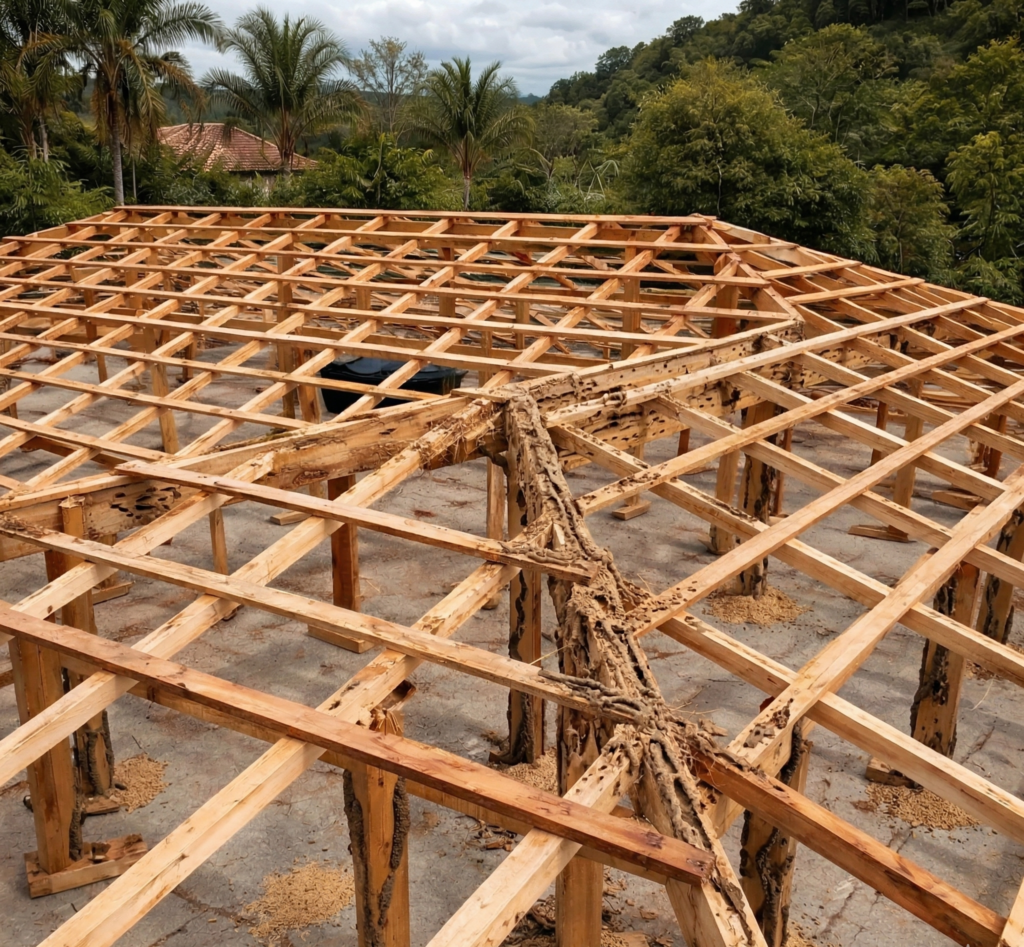 Estrutura de telhado com madeira danificada por cupins em estágio avançado