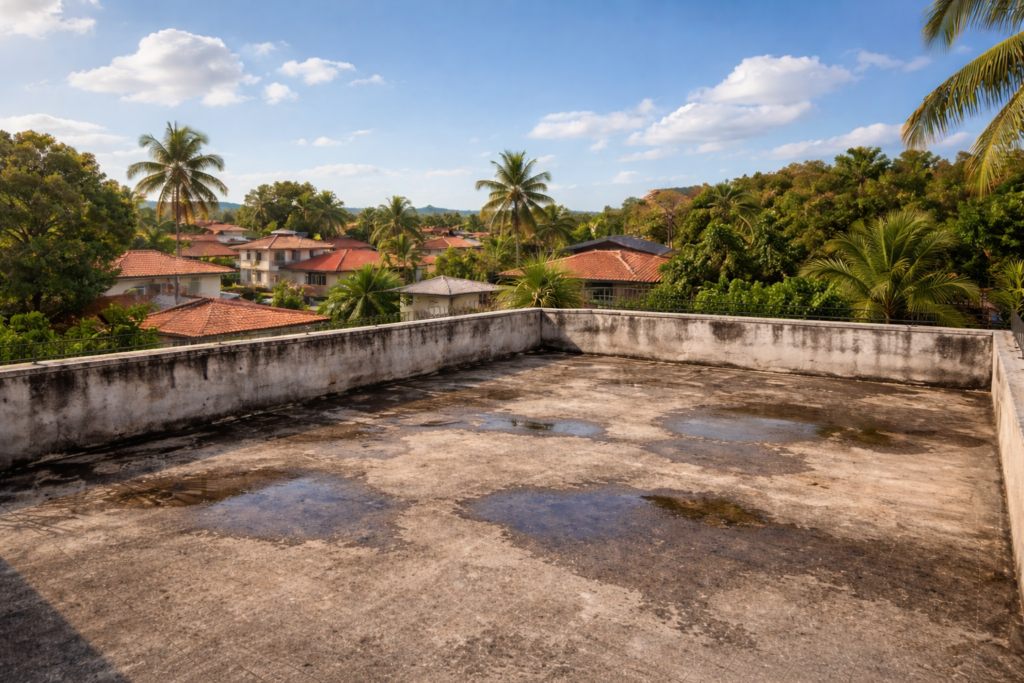 laje com água acumulada causando infiltração no teto