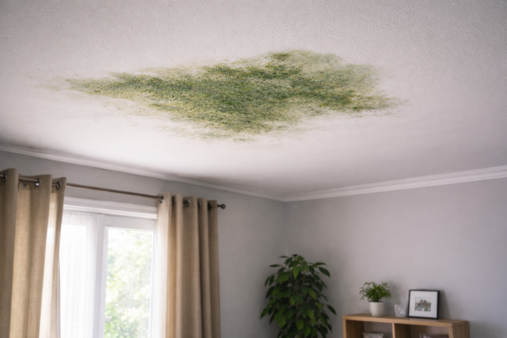 mancha de mofo no teto causada por infiltração na laje