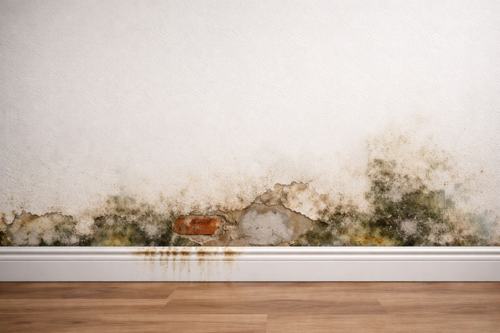 parede com infiltração no rodapé causando descascamento e exposição do reboco