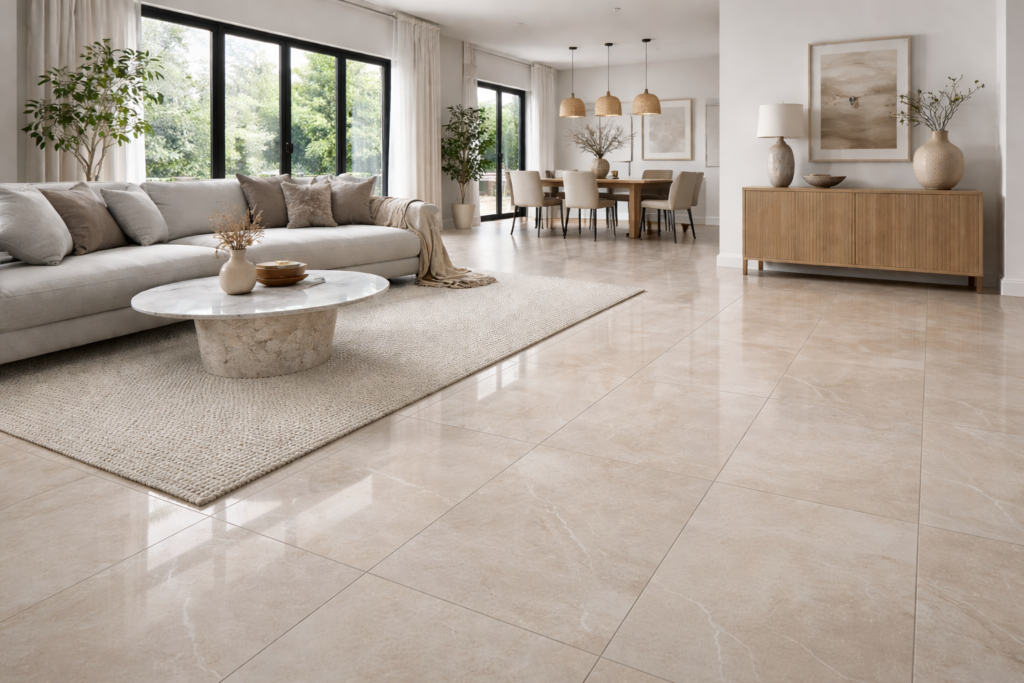 Sala moderna com piso porcelanato grande formato e pouco rejunte