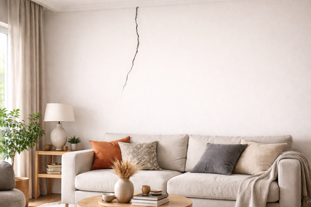 Rachadura vertical em parede de sala residencial