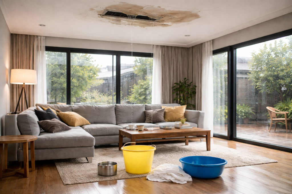 goteira dentro de casa com balde no chão