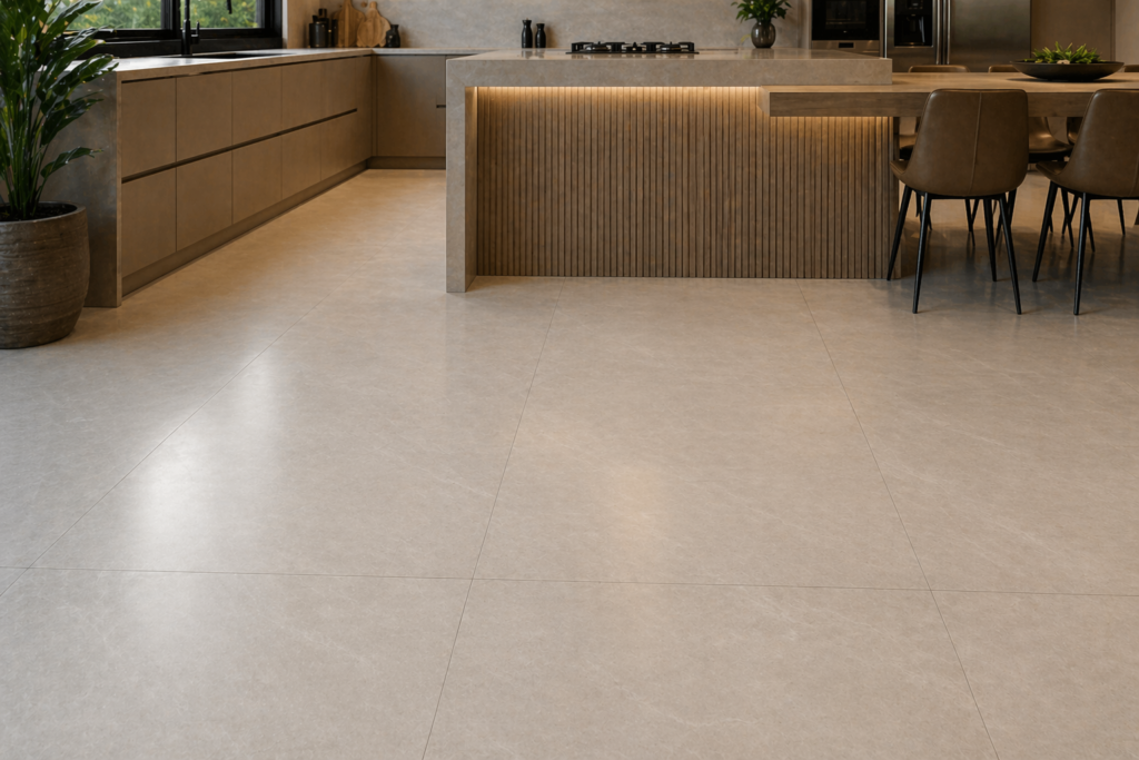 detalhe de piso porcelanato acetinado na cozinha