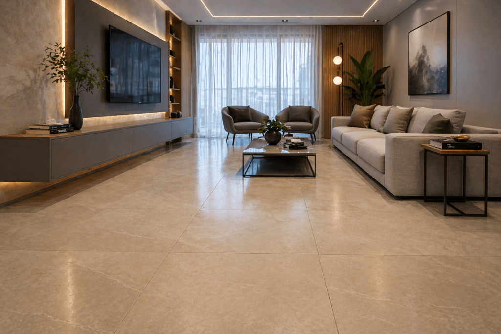Piso cerâmico moderno em sala de estar