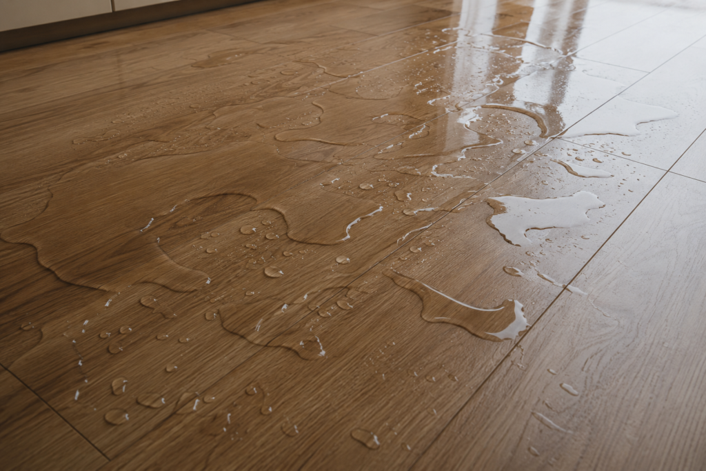 Água acumulada sobre piso laminado causando risco de estufamento