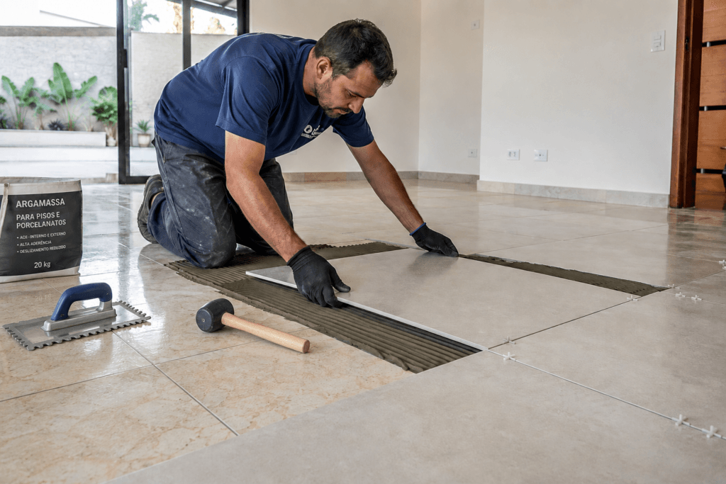 Profissional instalando porcelanato sobre piso cerâmico antigo