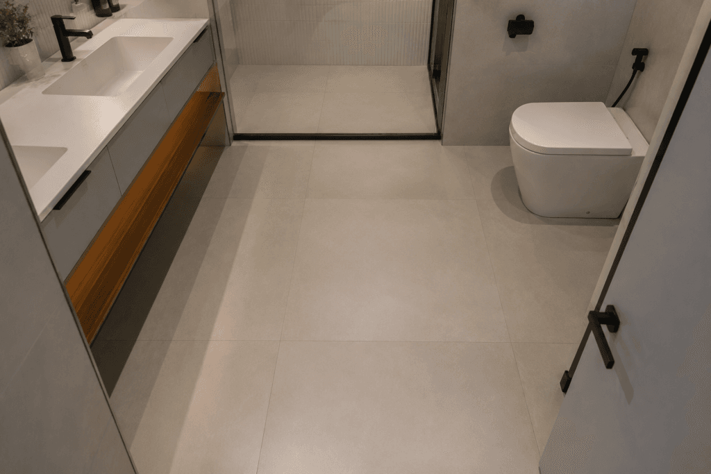 Banheiro pequeno moderno com piso porcelanato acetinado claro e peças grandes