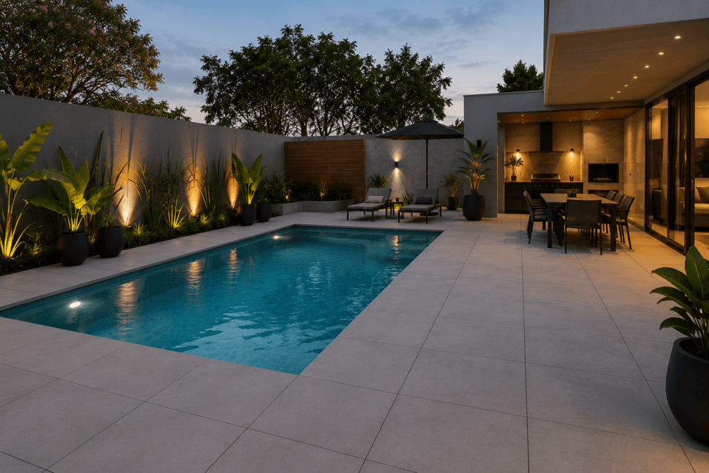 Área externa moderna com piso cimentício claro antiderrapante ao redor da piscina