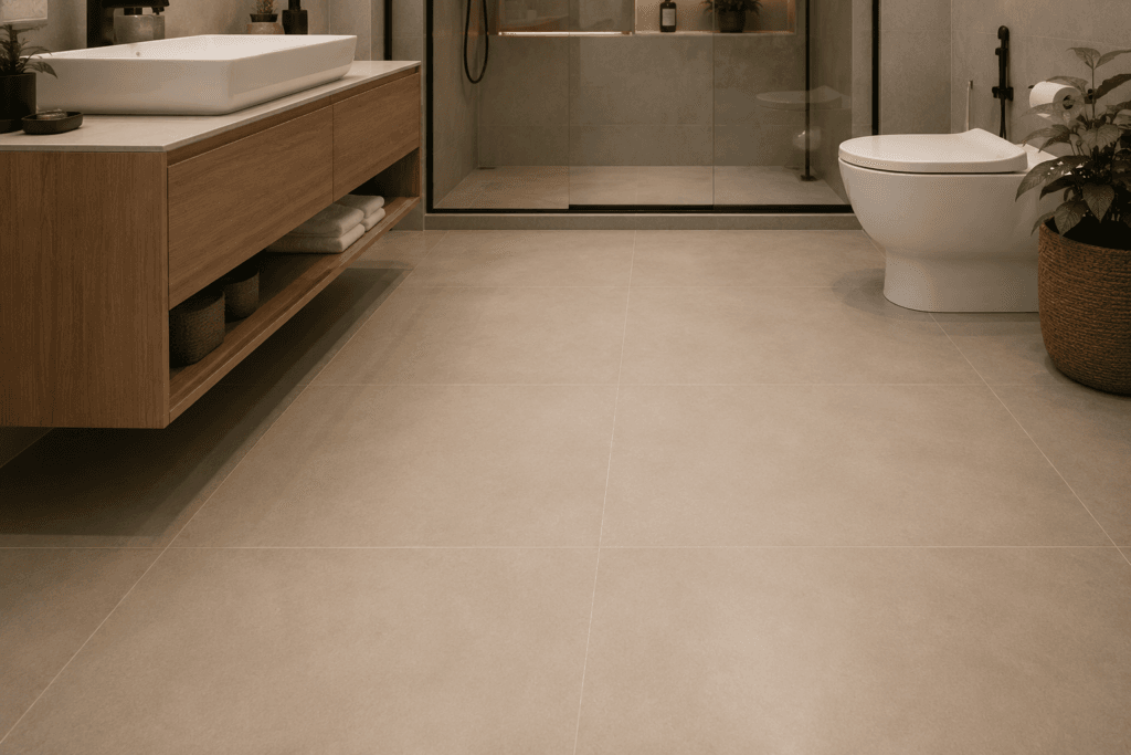 Banheiro moderno com piso acetinado claro que oferece mais segurança e menos risco de escorregar