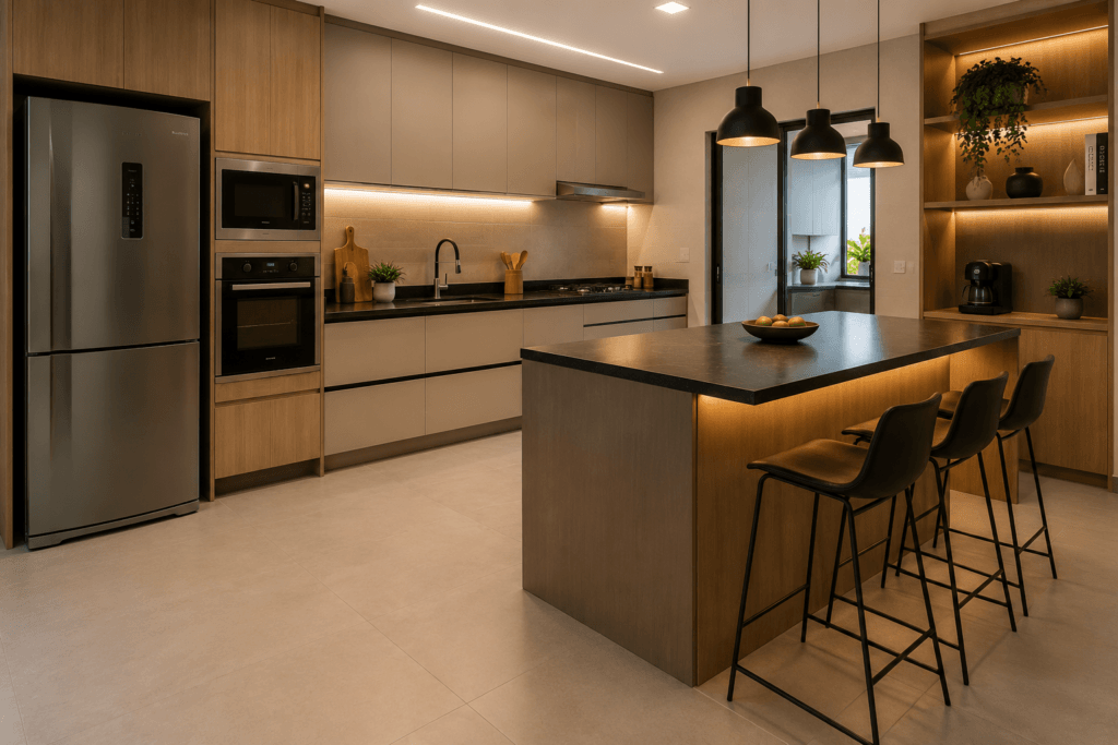 Cozinha planejada com porcelanato acetinado claro mais seguro e fácil de limpar no dia a dia