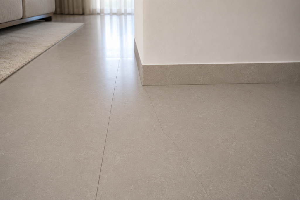 Pequena trinca em porcelanato claro dentro de casa