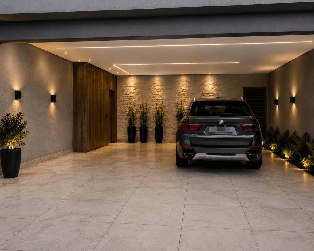 Garagem moderna com piso resistente suportando veículo SUV
