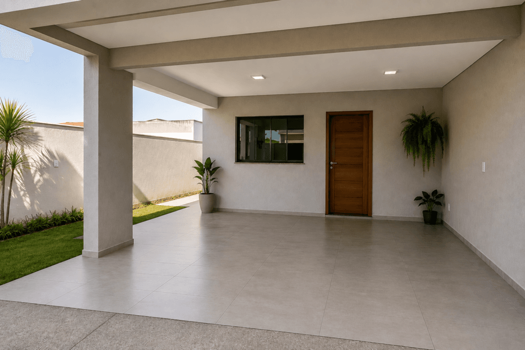 Garagem residencial com piso moderno resistente e fácil de limpar