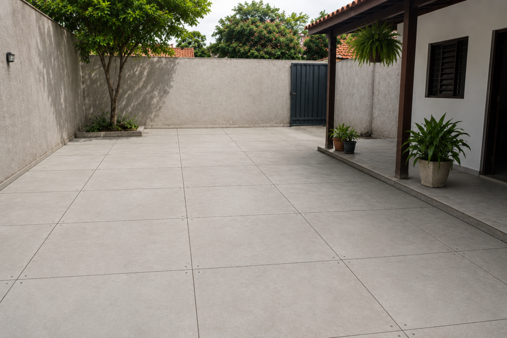 Quintal residencial com piso cimentício claro instalado em área externa