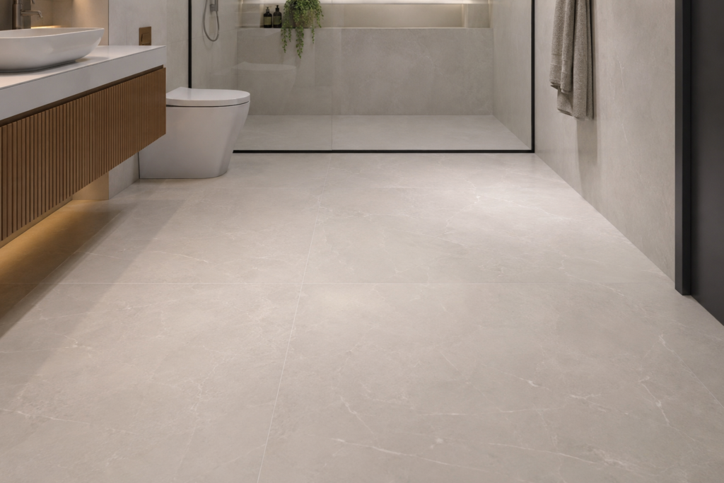 Piso porcelanato acetinado claro em banheiro pequeno moderno com box