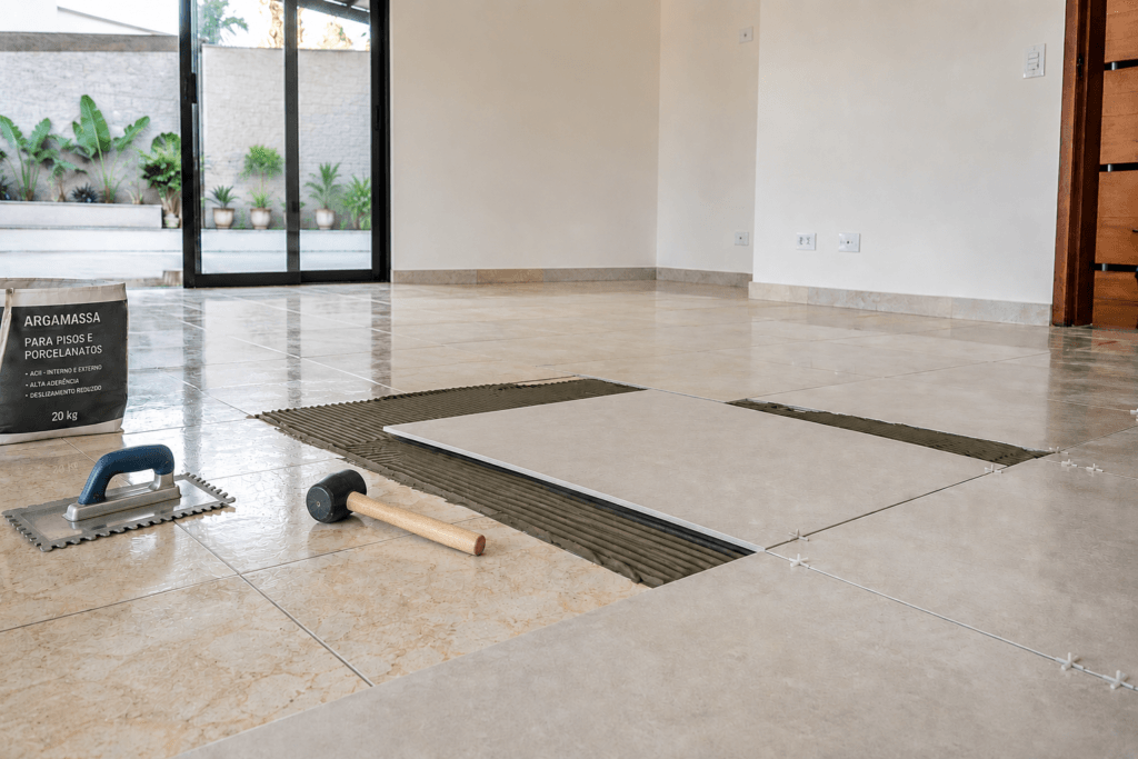 Detalhe da aplicação de argamassa AC3 em piso sobre piso