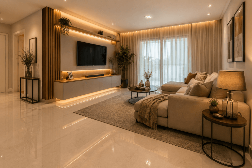 Sala moderna com porcelanato polido brilhante que evidencia reflexos e marcas no piso