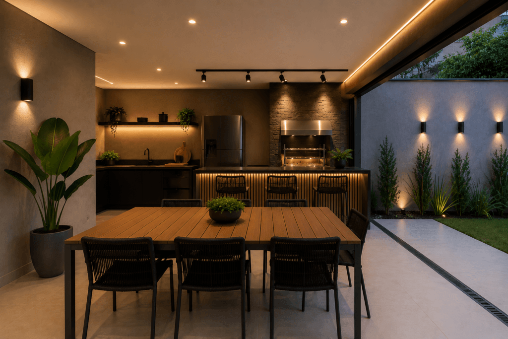 Área externa moderna com porcelanato acetinado claro